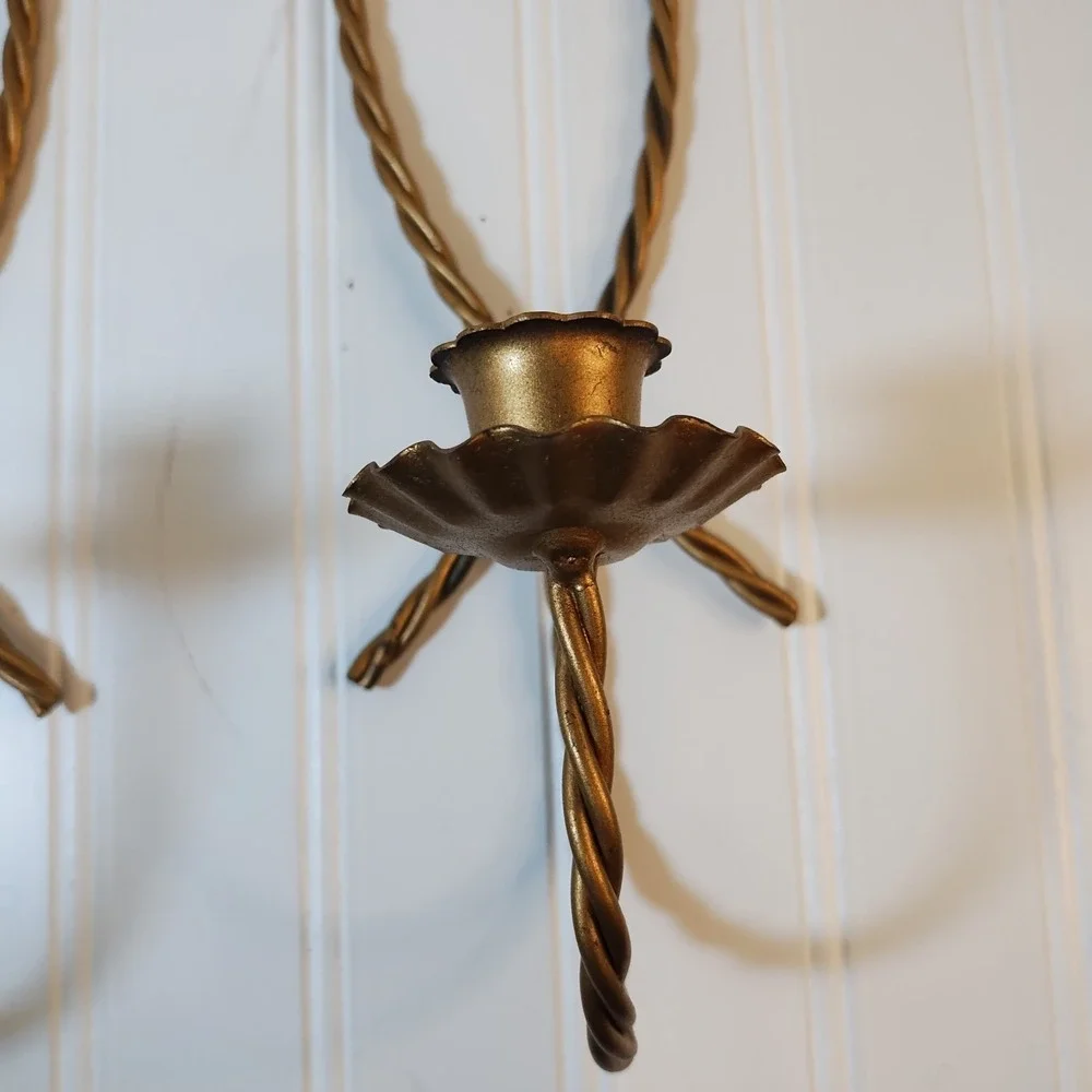 Pair Vtg Homco Braided Candle‎ Holders Twisted Wire Rope Metal Wall Sconces 2
